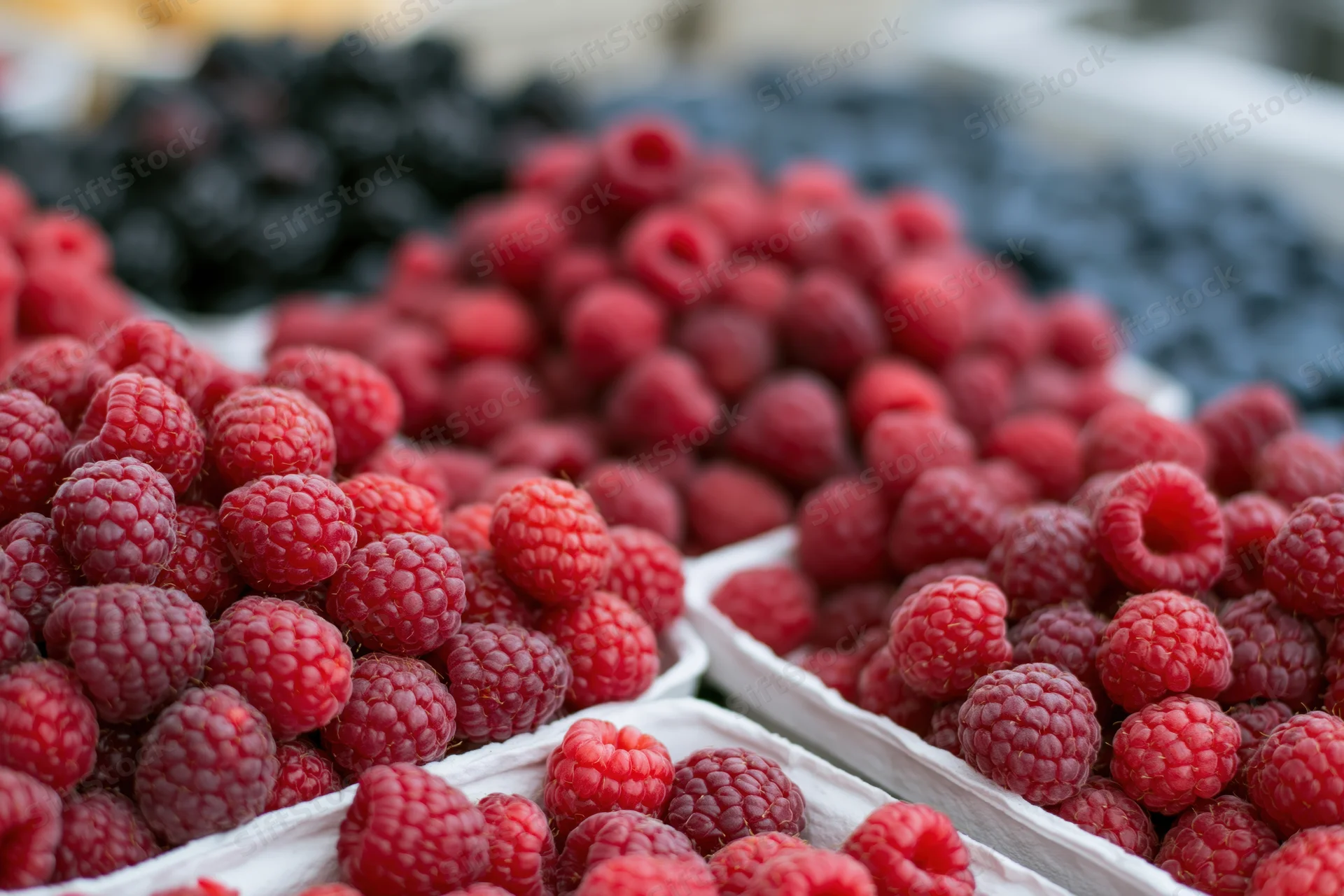 Piles of fresh raspberries heaped in white cardboard trays at a market display