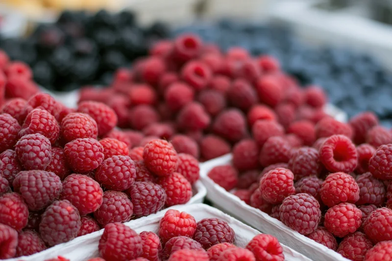 Piles of fresh raspberries heaped in white cardboard trays at a market display
