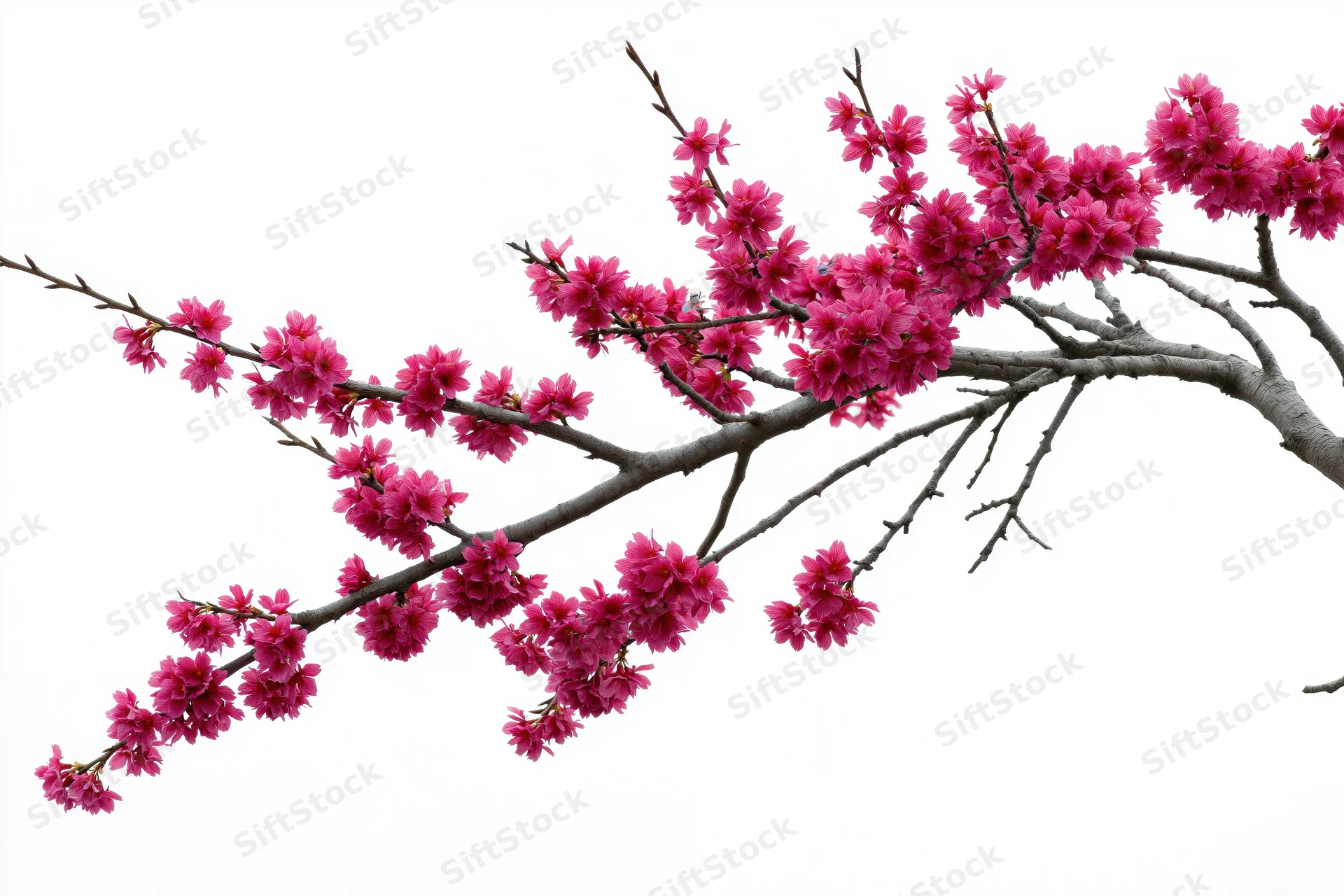 Plum blossom branch with clusters of deep pink flowers against white background
