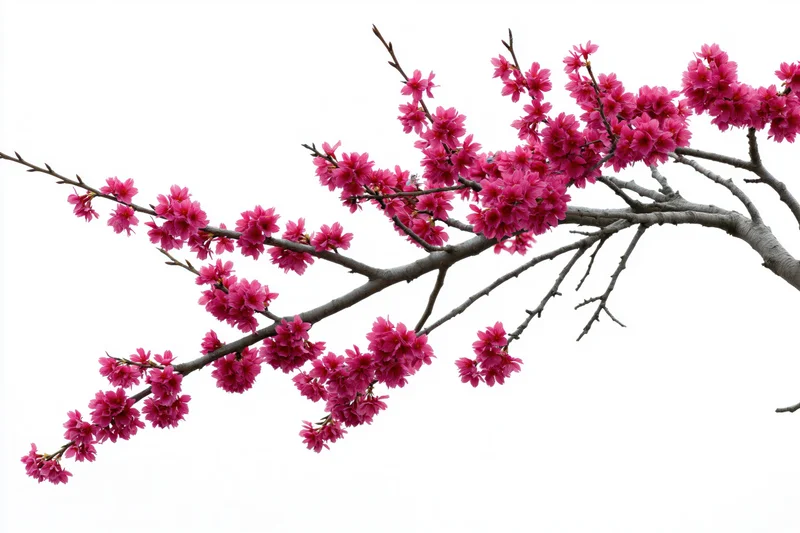 Plum blossom branch with clusters of deep pink flowers against white background
