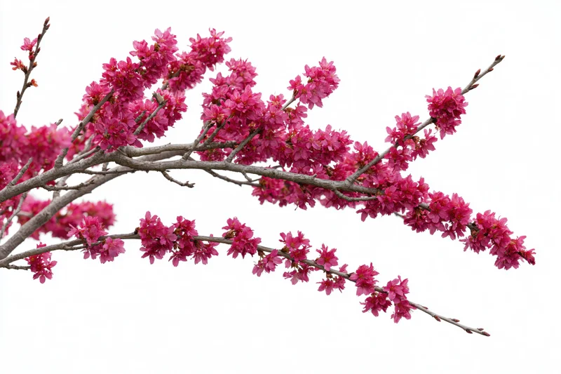 Plum blossom branches with clusters of deep pink flowers against white background