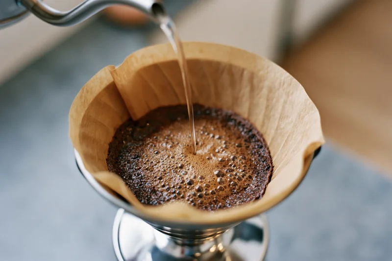 Water poured into a paper filter over coffee grounds in a metal dripper on a countertop