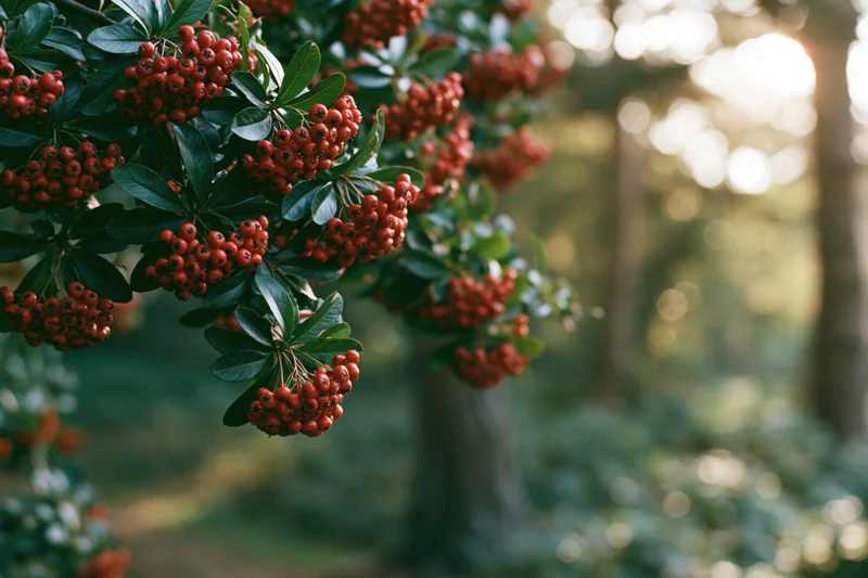 Pyracantha branch with clusters of red berries and green leaves in a garden setting