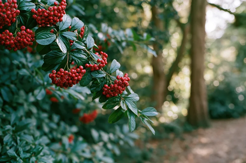 Pyracantha branch with clusters of red berries extending into a sunlit garden path