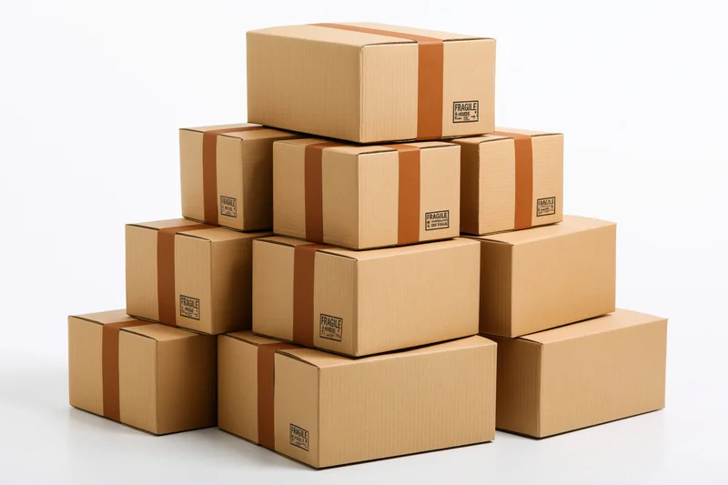Pyramid stack of sealed cardboard shipping boxes with fragile labels and tape on white background