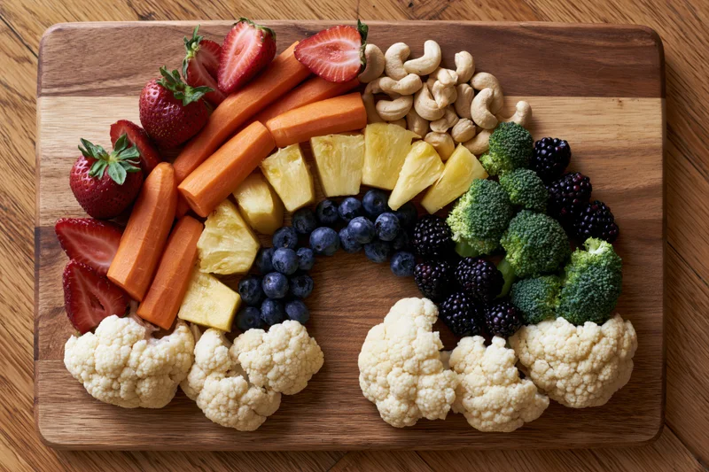 Rainbow arc of fresh fruits and vegetables arranged on a wooden cutting board