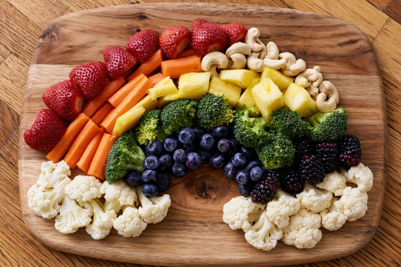 Rainbow-shaped arrangement of fresh fruits and vegetables on a wooden cutting board