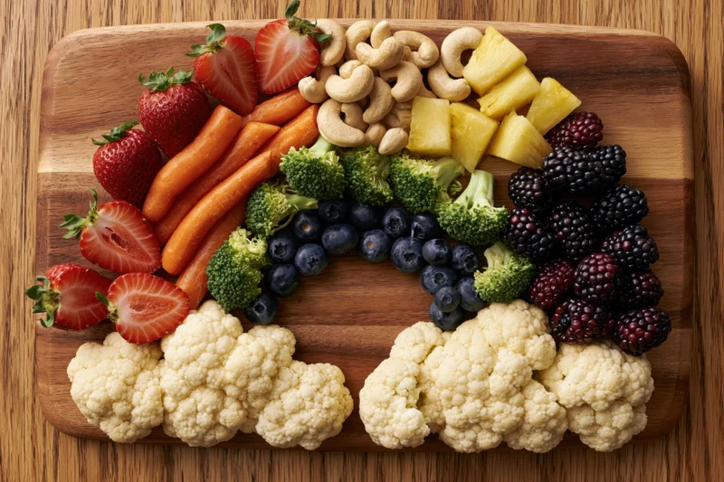 Rainbow-shaped arrangement of fresh fruits and vegetables on a wooden cutting board
