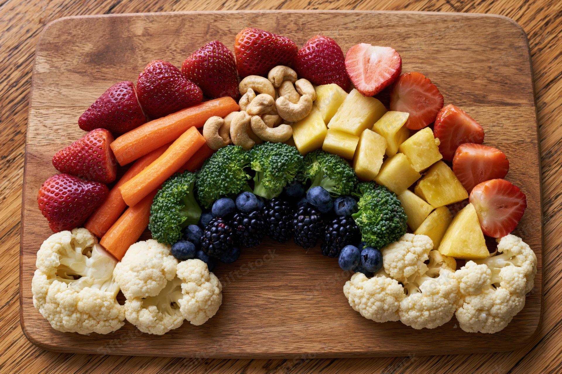 Rainbow-shaped arrangement of fresh fruits and vegetables on a wooden cutting board