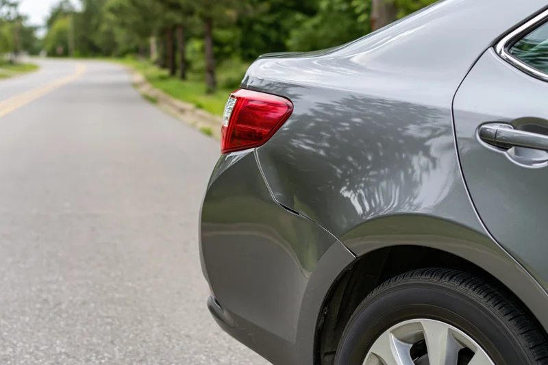 Rear quarter panel of a grey sedan with a dented fender on a suburban road