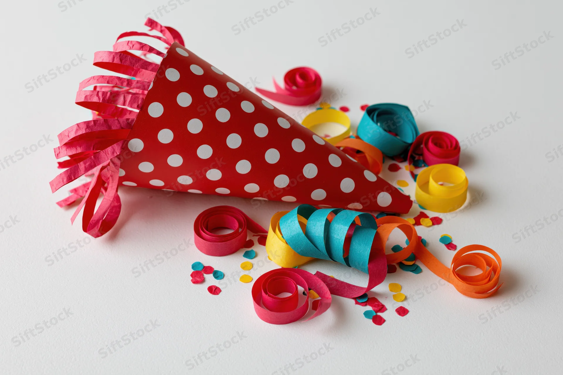 Red polka-dot party cone popper lying on its side with colorful streamers and confetti scattered around on white surface