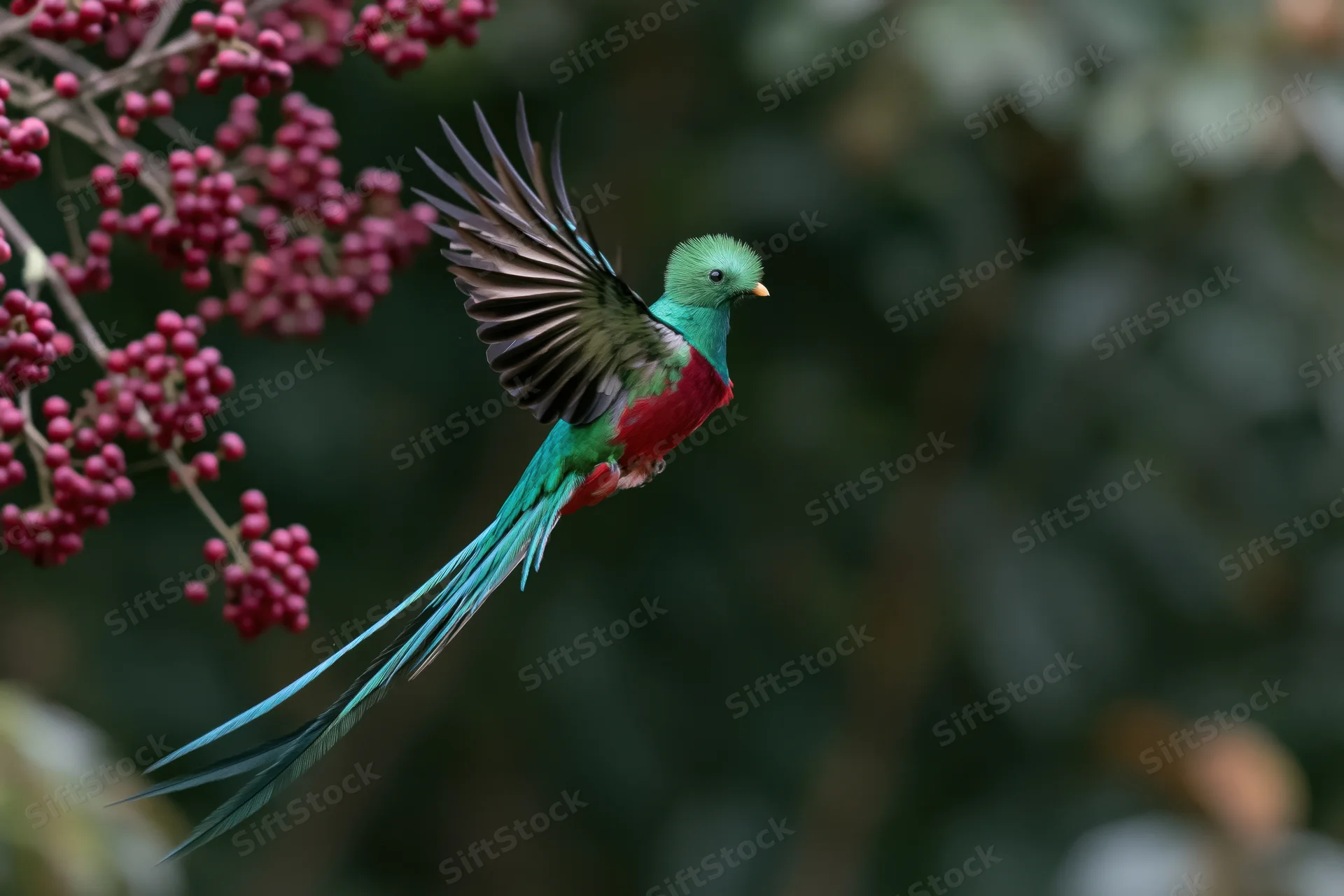 Resplendent quetzal in mid-flight with wings spread near pink berries in forest foliage