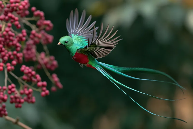 Resplendent quetzal in midflight with wings spread near pink berries in a jungle setting