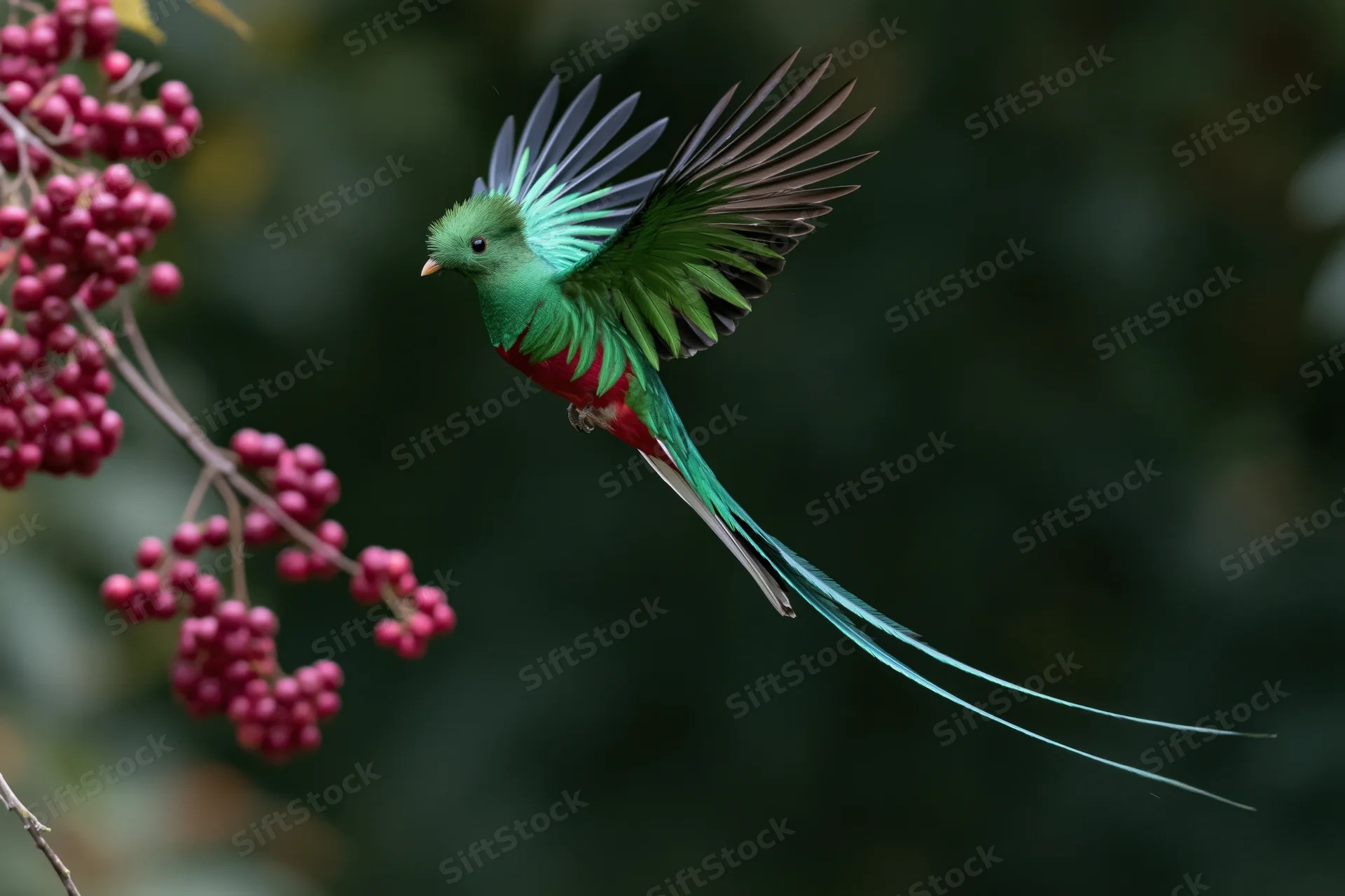 Resplendent quetzal in mid-flight with wings spread near pink berries in forest