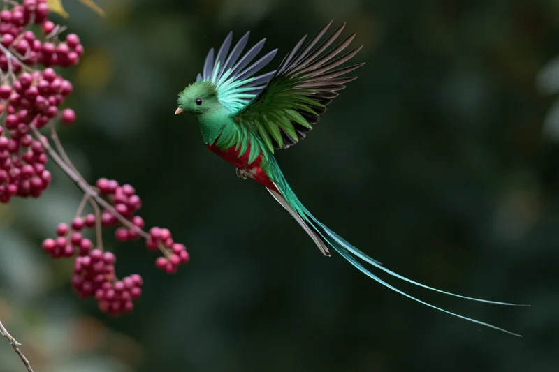 Resplendent quetzal in mid-flight with wings spread near pink berries in forest