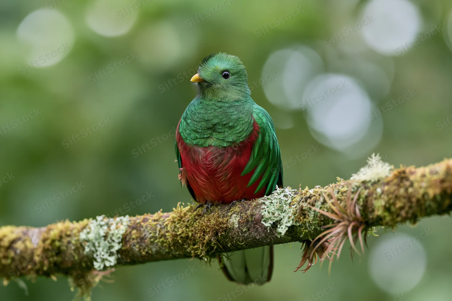 Resplendent quetzal perched on a moss-covered branch in a tropical forest