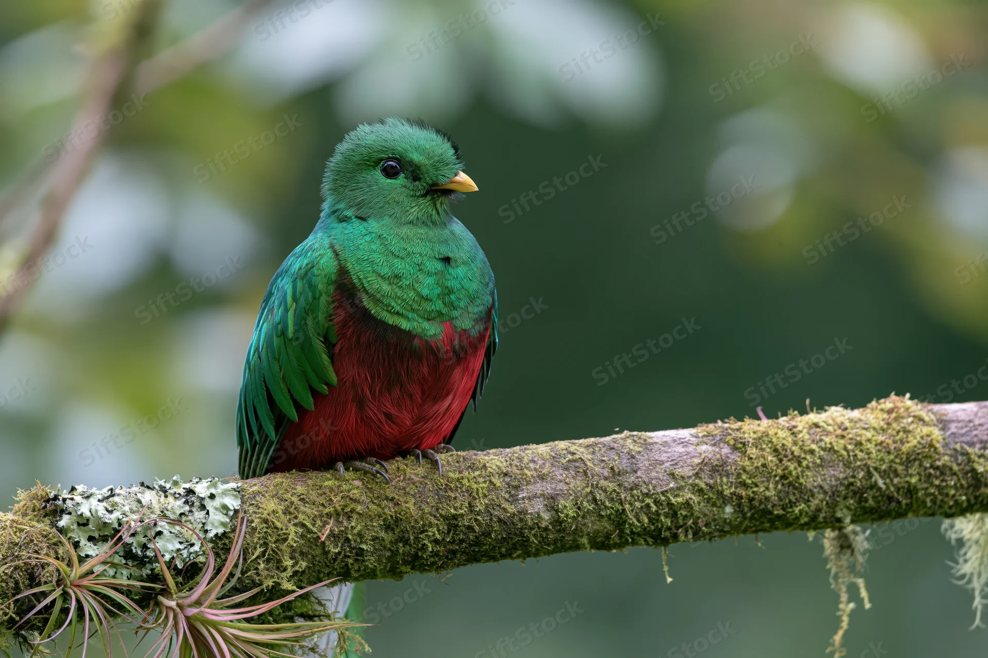 Resplendent quetzal perched on a thick moss-covered branch in a tropical forest