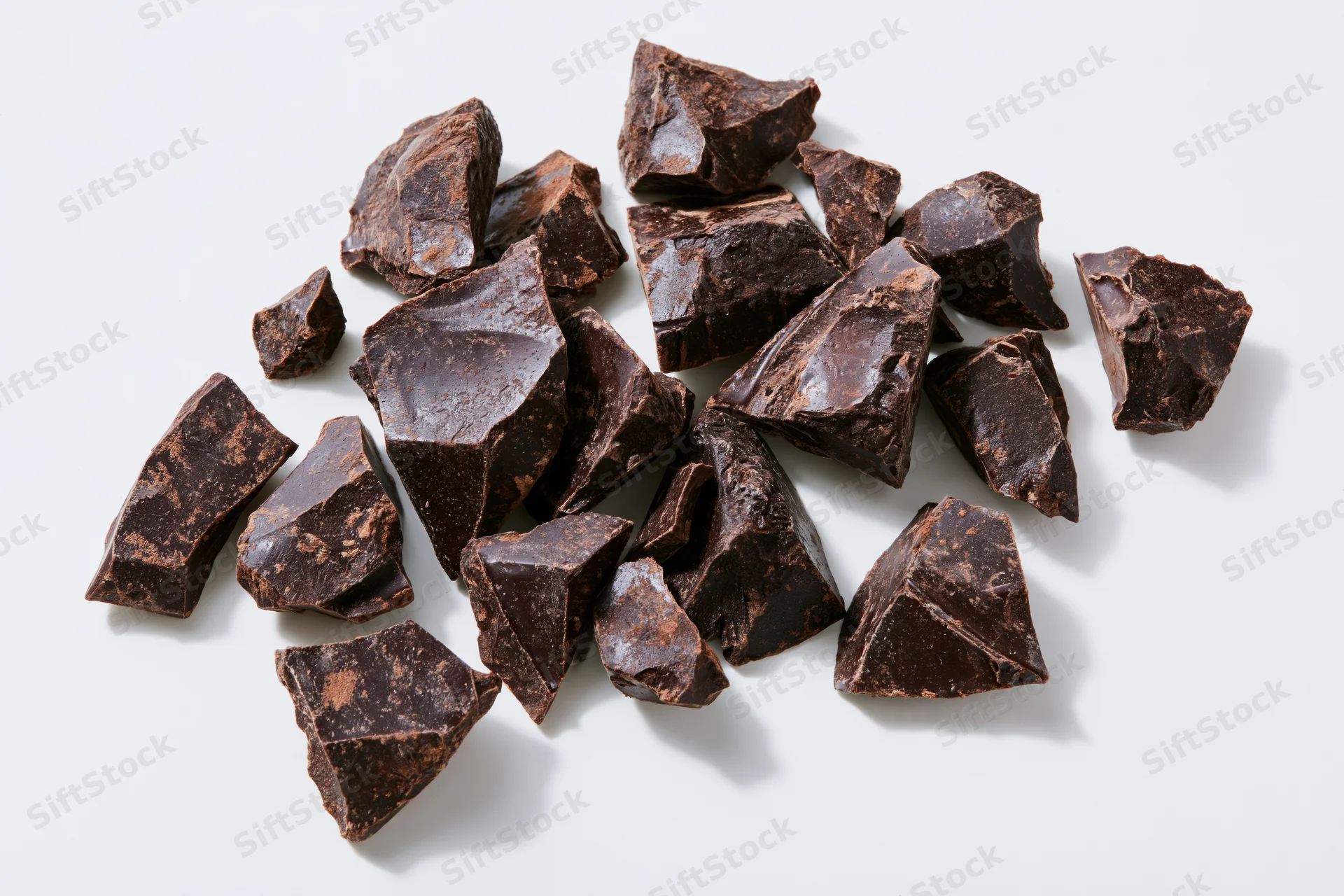 Broken dark chocolate chunks scattered loosely on white background