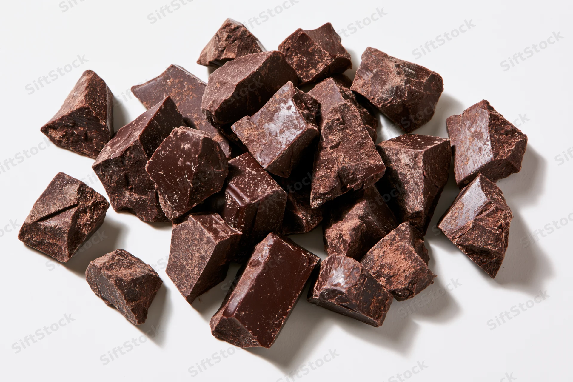 Broken dark chocolate chunks scattered loosely on white surface