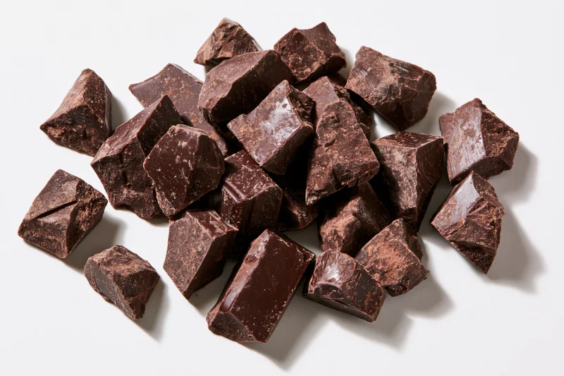 Broken dark chocolate chunks scattered loosely on white surface