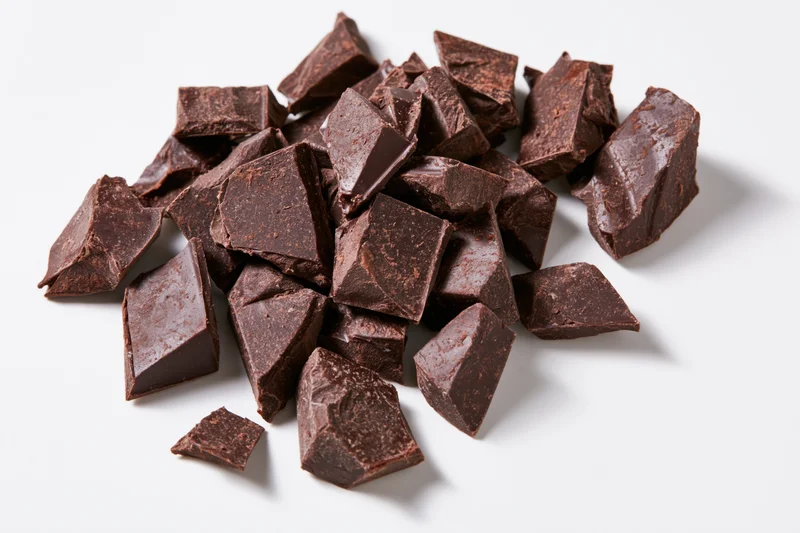 Broken dark chocolate chunks scattered loosely on a white surface