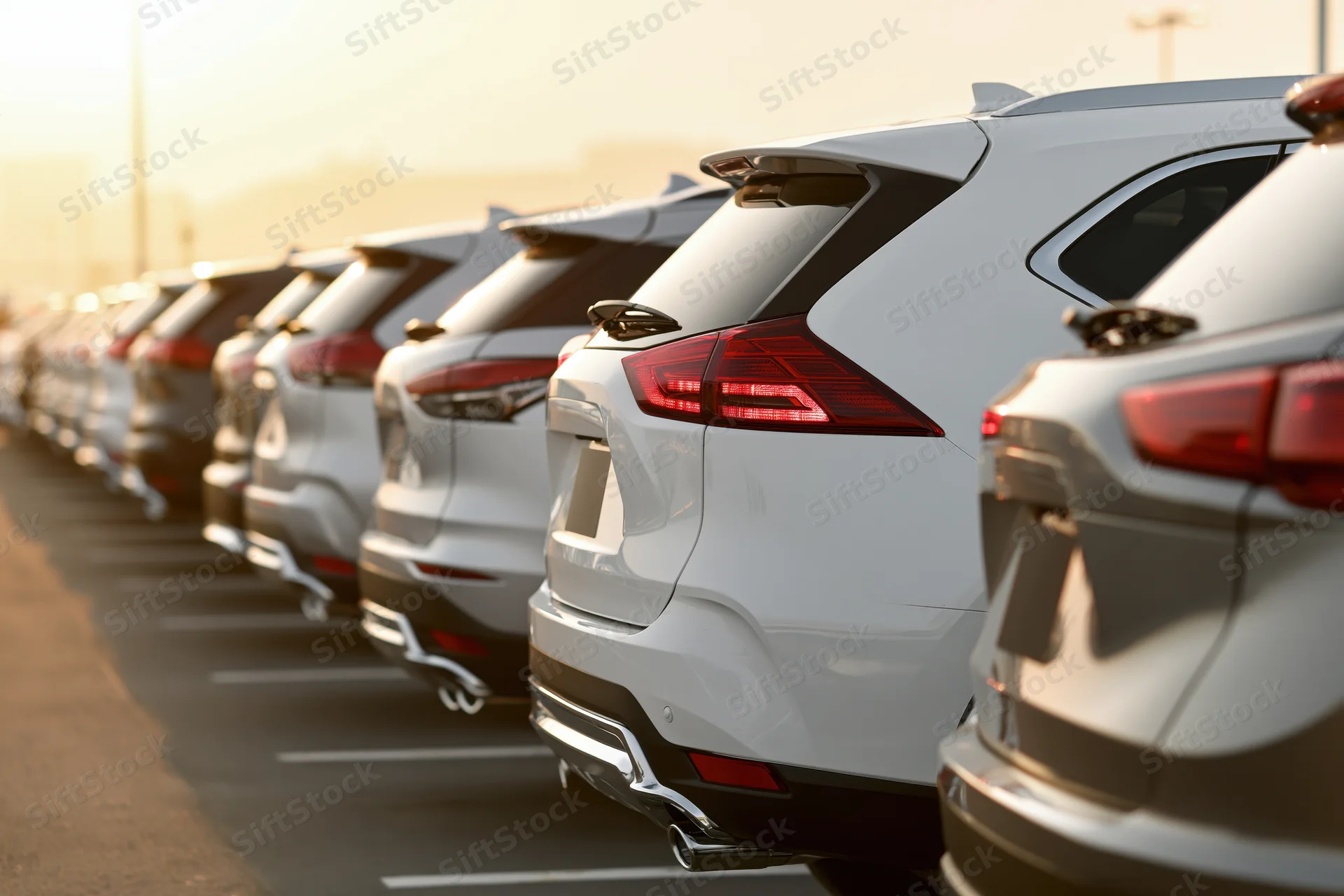Row of white suvs parked bumper-out in a dealership lot at golden hour