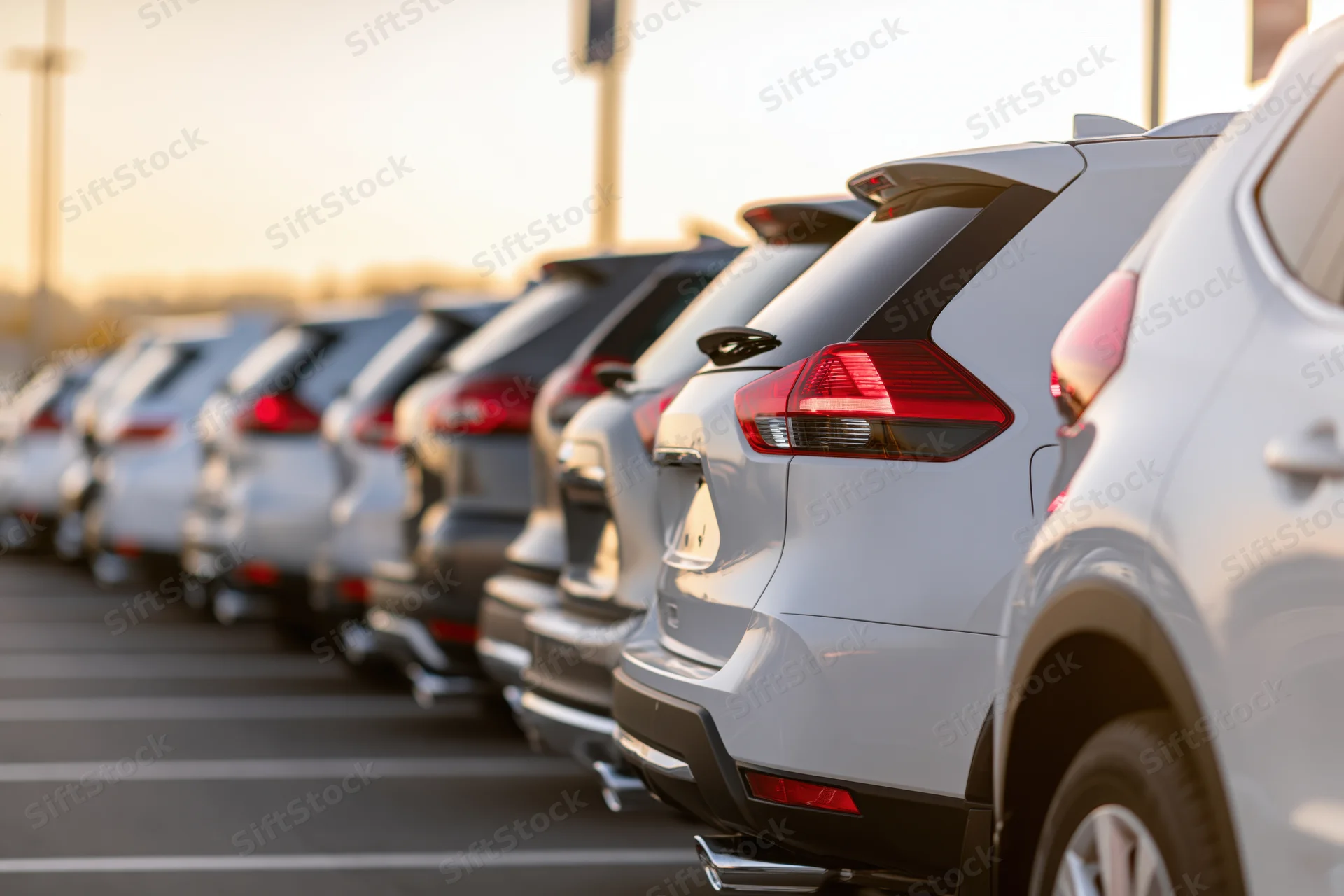 Row of suvs parked bumper-out in a dealership lot at sunset