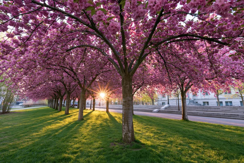 Row of cherry blossom trees in full bloom lining a grassy path in a park with sunlight filtering through branches