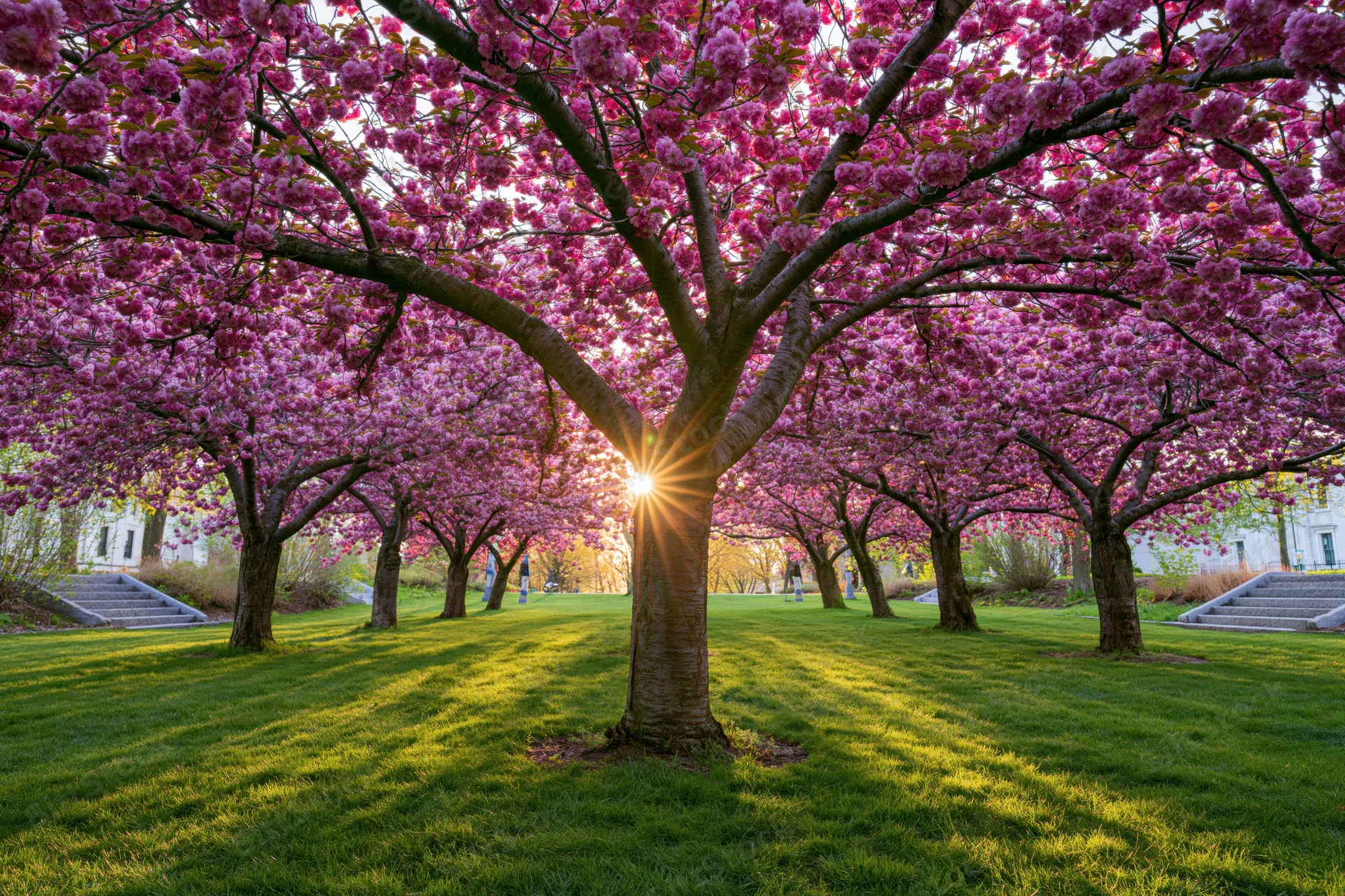 Row of cherry blossom trees in full bloom lining a grassy path in a park with sunlight shining through the canopy