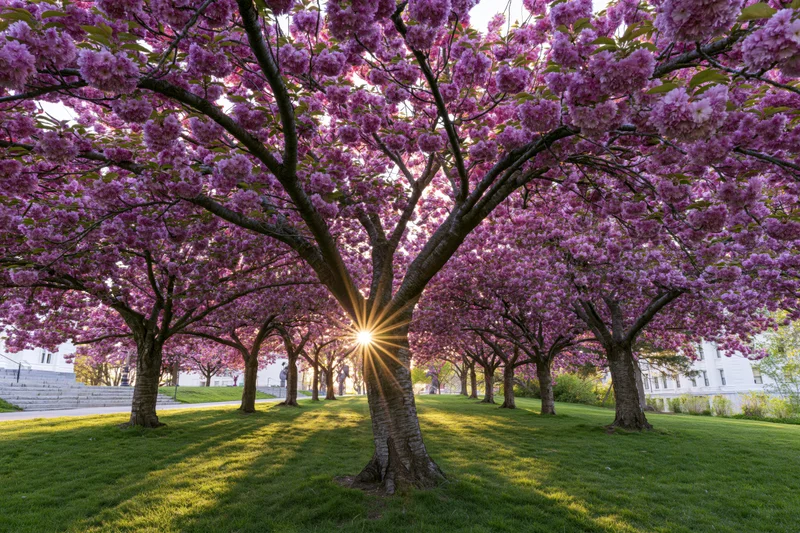 Row of cherry blossom trees in full bloom lining a grassy path in a park