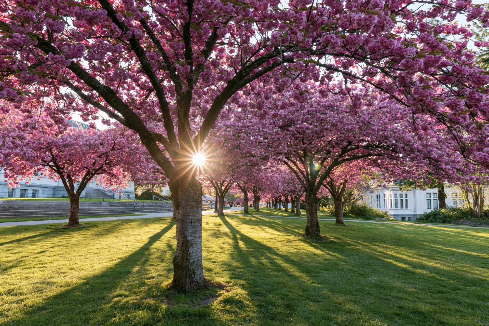 Row of cherry blossom trees in full bloom lining a grass path in a park with sunlight shining through branches