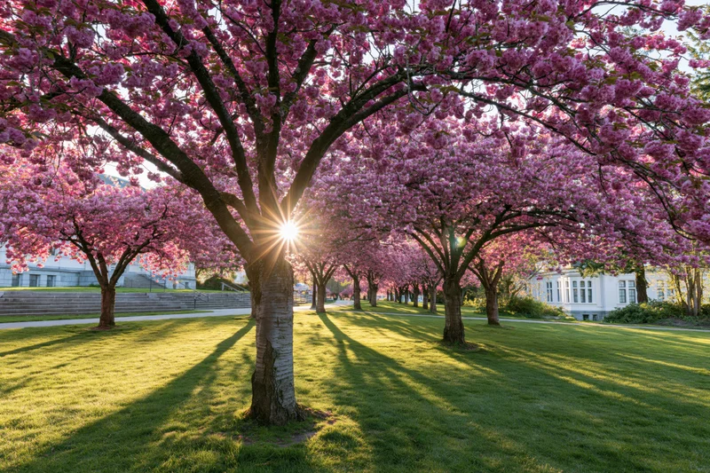 Row of cherry blossom trees in full bloom lining a grass path in a park with sunlight shining through branches
