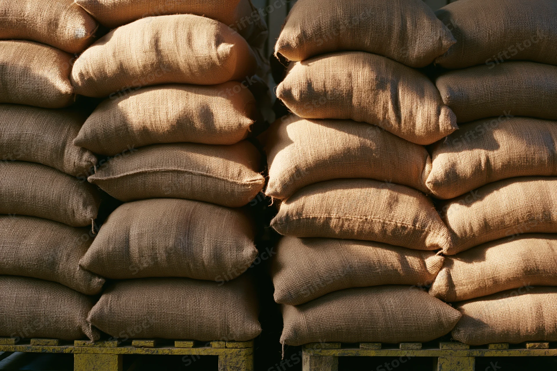 Rows of bulging burlap sacks stacked in tight columns on wooden pallets outdoors in sunlight