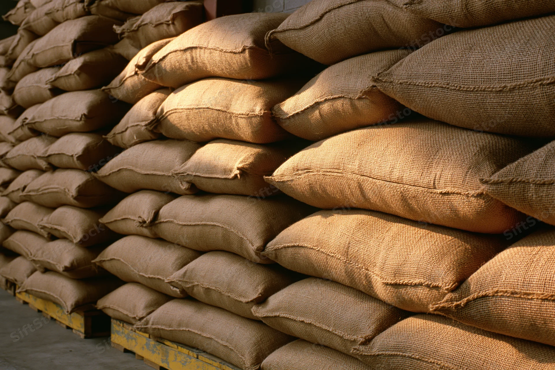 Rows of bulging burlap sacks stacked in tight columns on wooden pallets in a warehouse