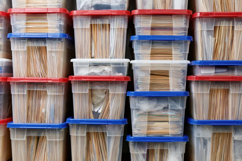 Rows of clear plastic storage bins stacked vertically filled with paper documents in an office setting