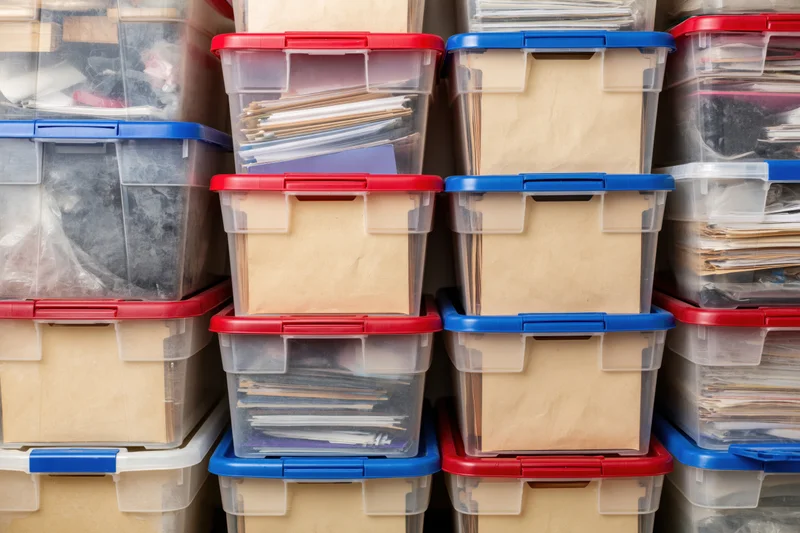Rows of clear plastic storage bins stacked with red and blue lids holding documents and files in an organized storage space
