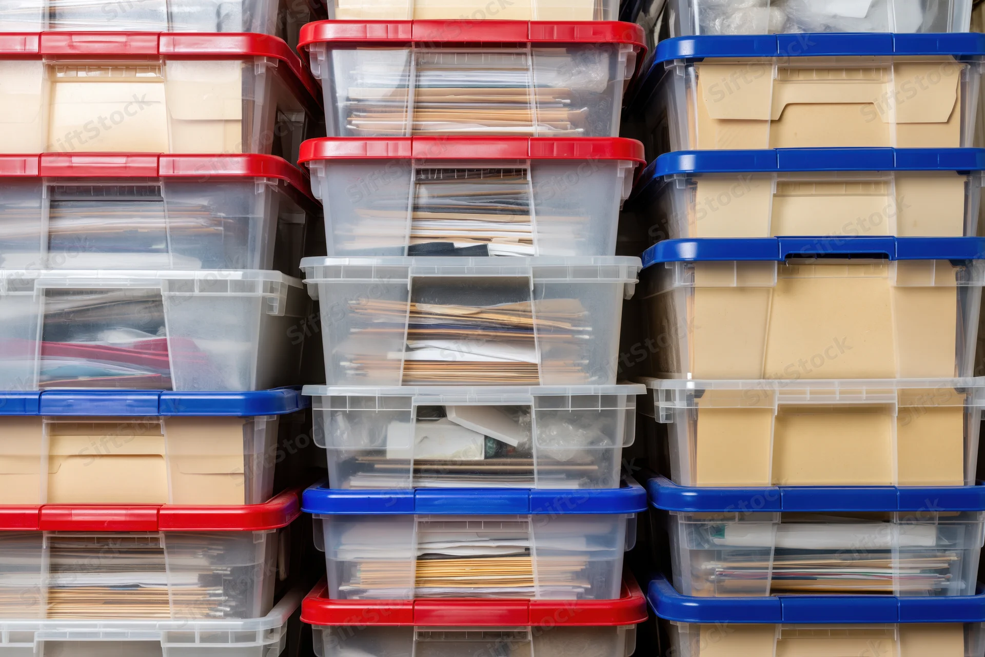 Stacks of clear plastic storage bins filled with documents and files arranged in rows in an office archive
