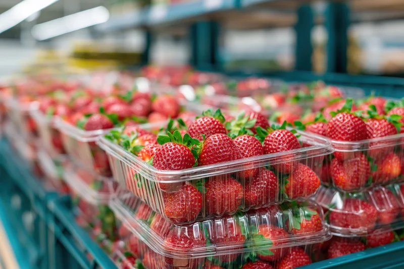 Rows of fresh strawberries in clear plastic clamshells on supermarket shelves