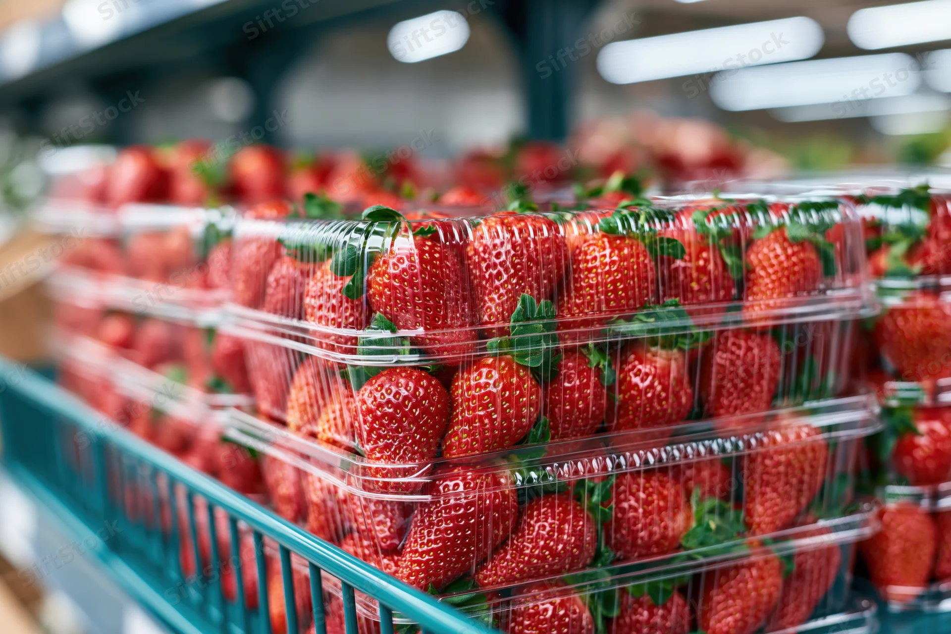 Rows of fresh strawberries in clear plastic clamshells on a supermarket shelf