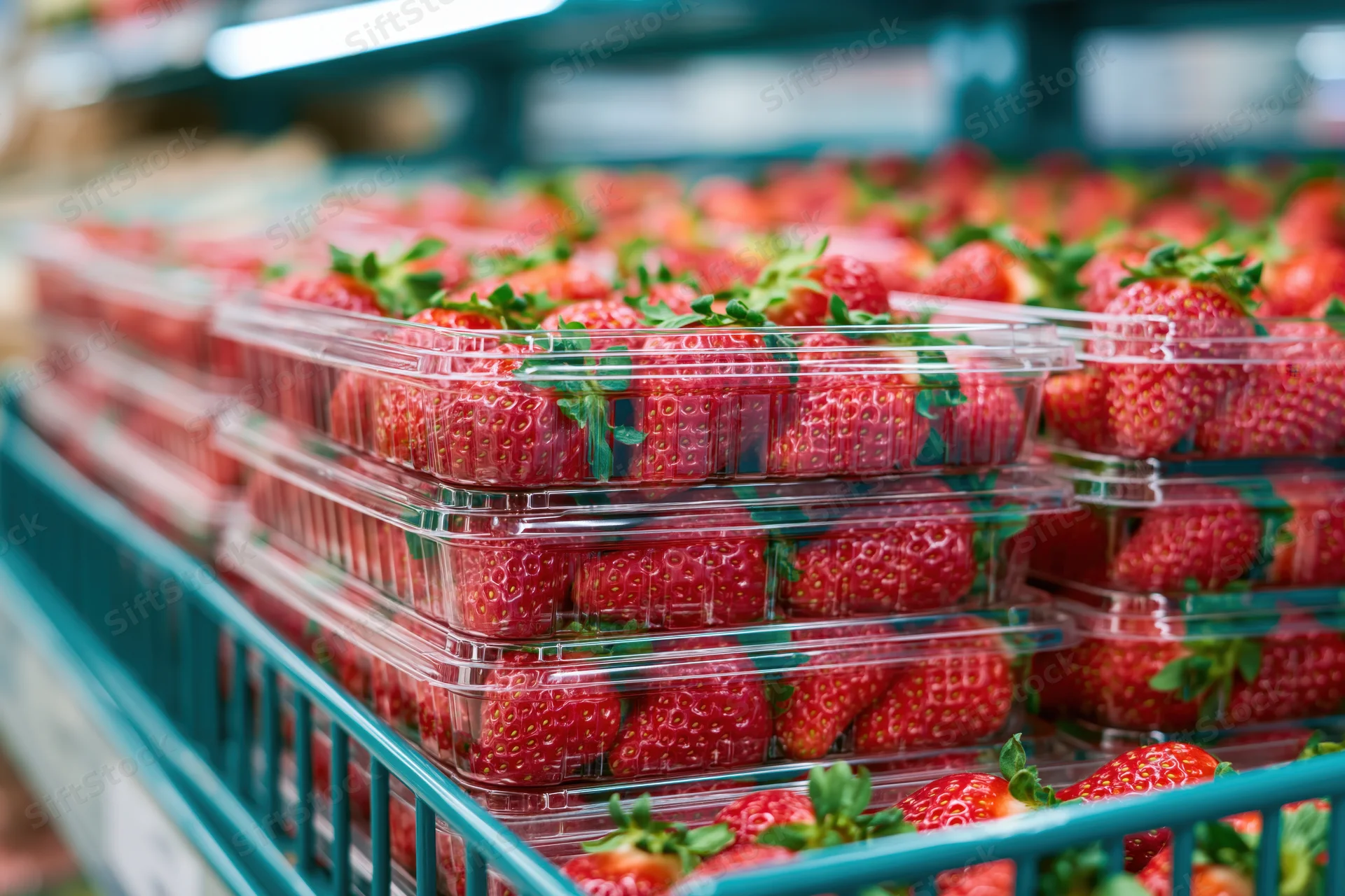 Rows of fresh strawberries in clear plastic clamshells on a supermarket shelf