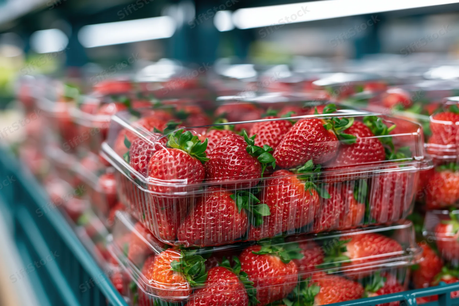 Rows of fresh strawberries in clear plastic clamshells on a supermarket shelf