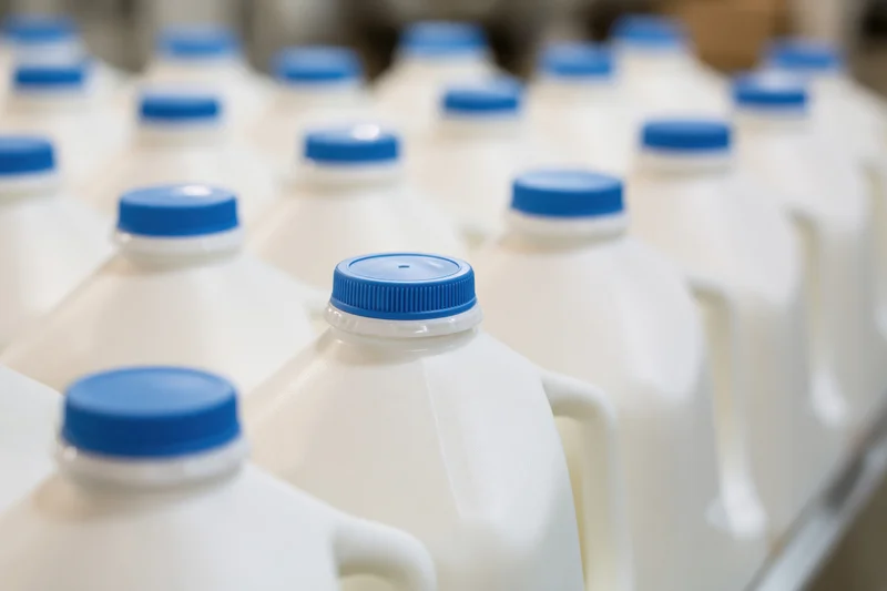 Rows of white plastic milk jugs with blue caps arranged on a production line