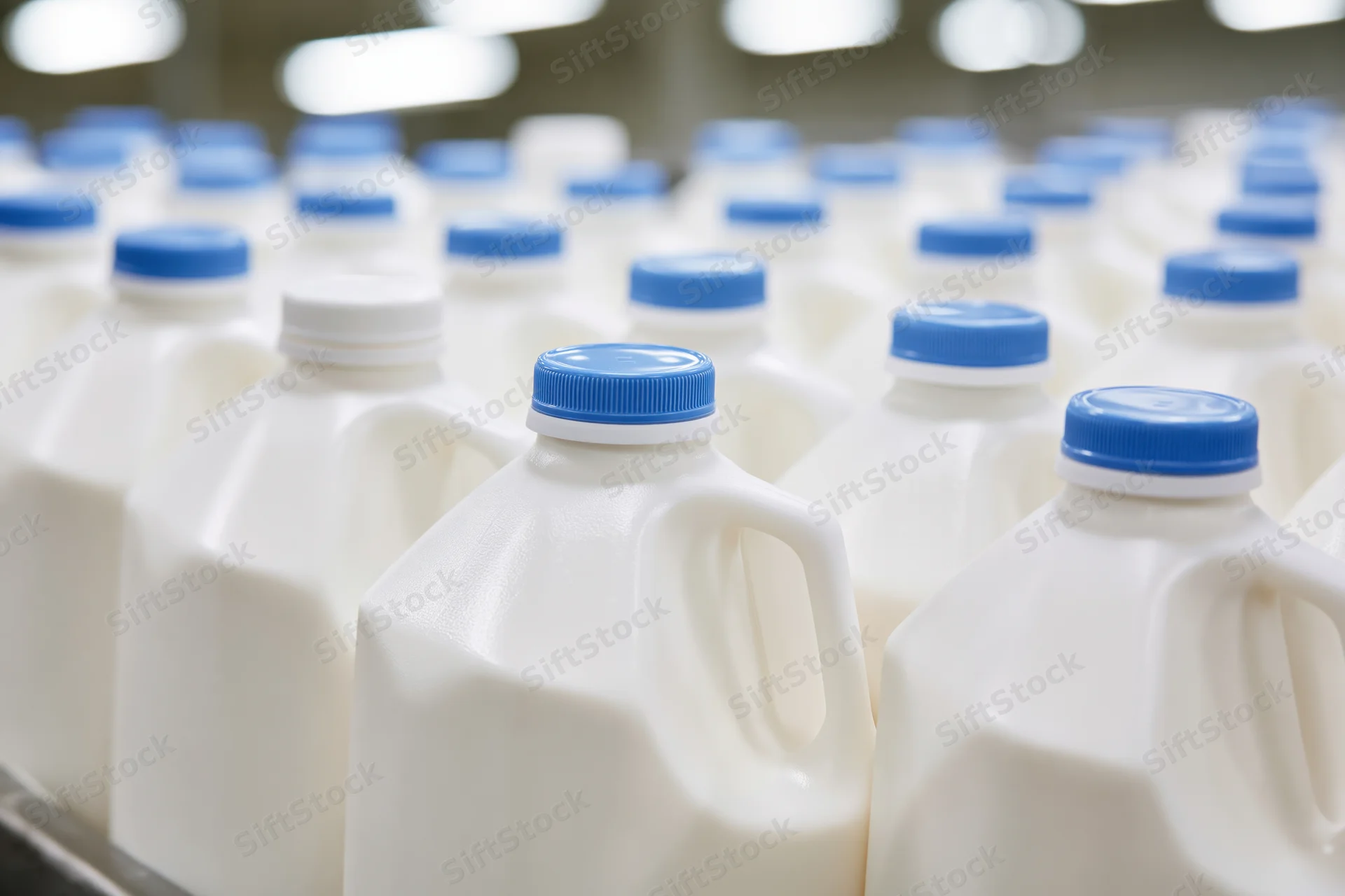 Rows of white plastic milk jugs with blue caps on a conveyor line in a dairy processing plant