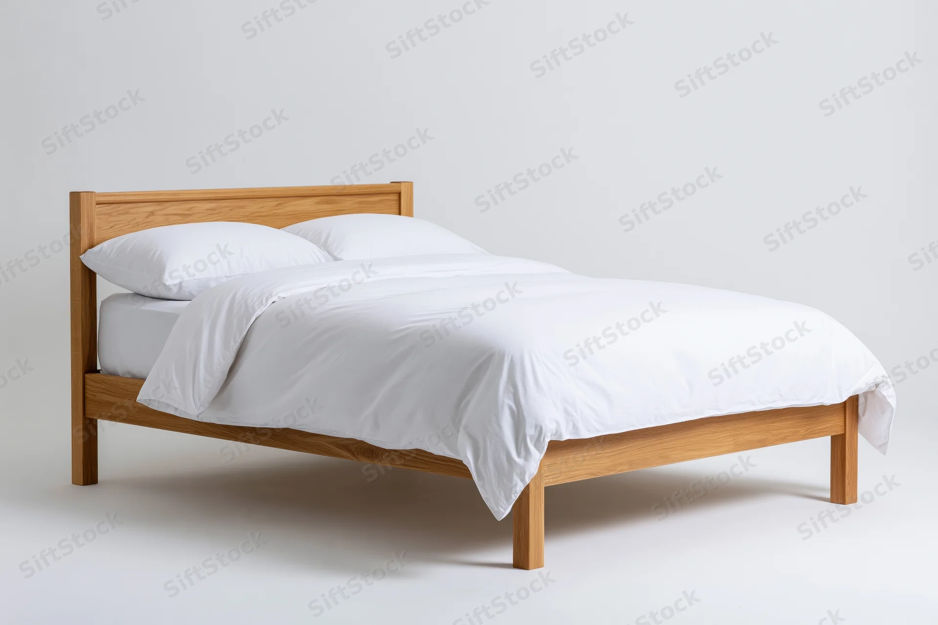 Wooden bed frame with white bedding on plain background