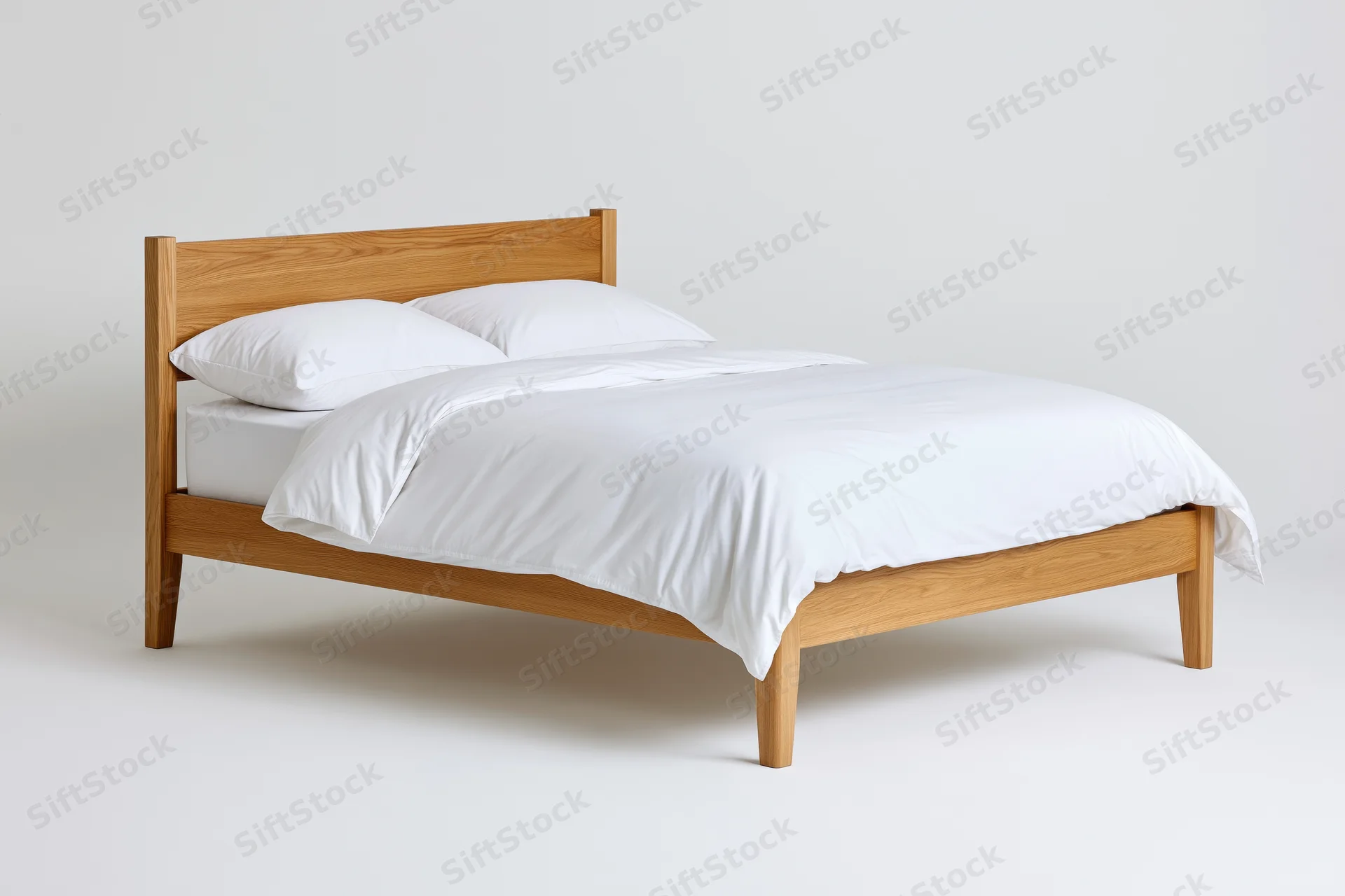 Solid oak bed frame with white bedding in a minimalist studio setting