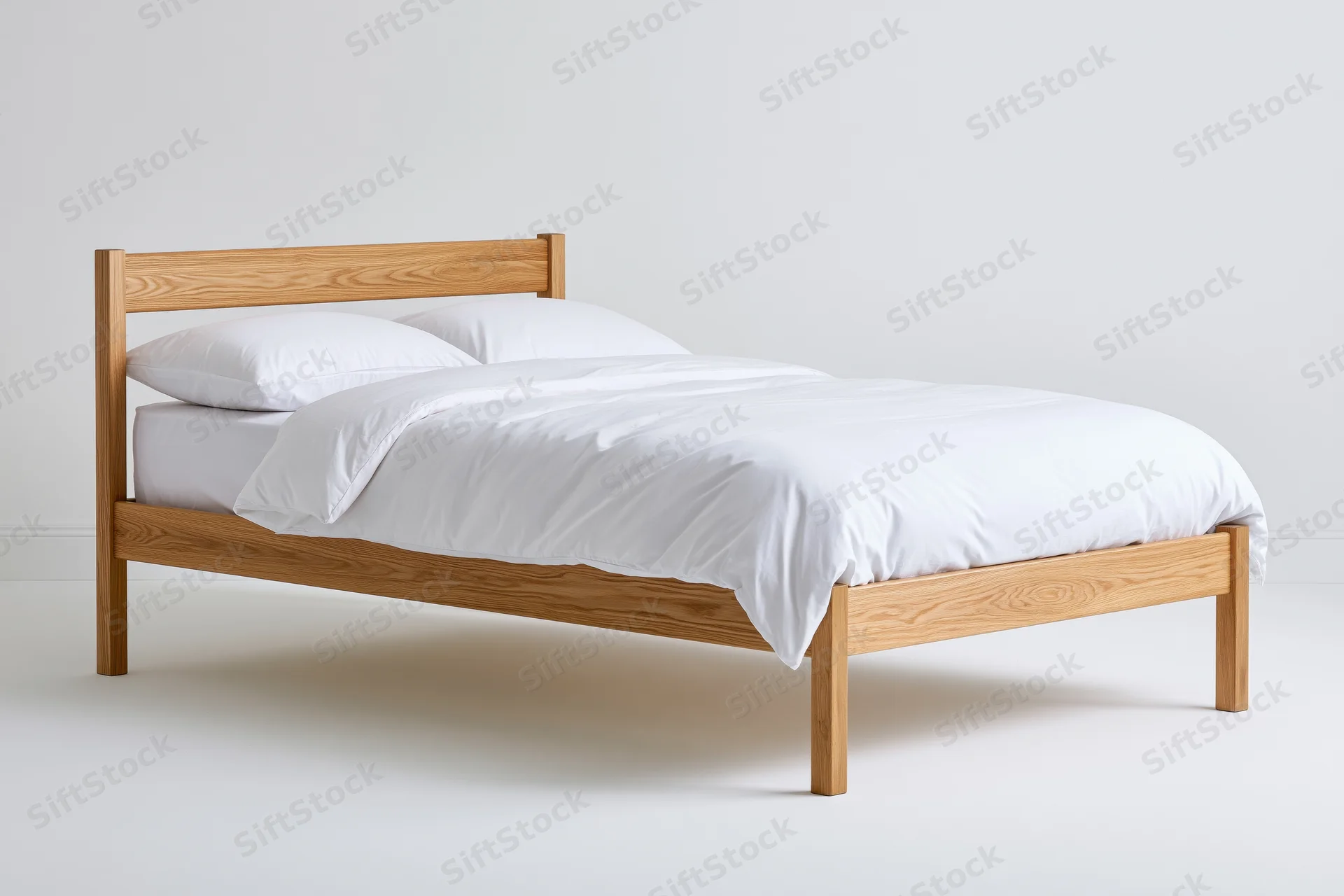 Solid oak bed frame with white bedding in a minimalist bedroom setting