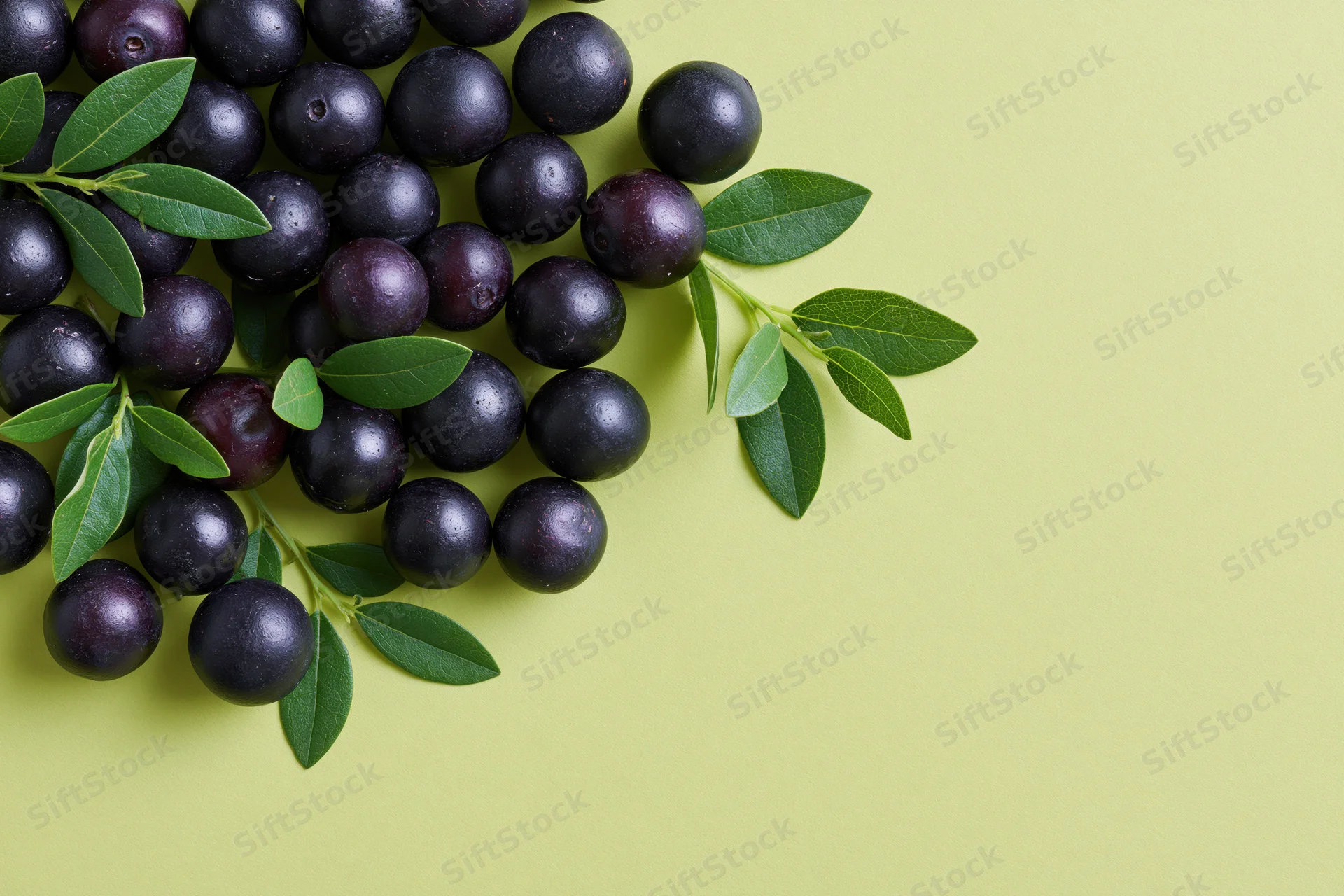 Acai berries with green leaves arranged in a cluster on a lime green surface