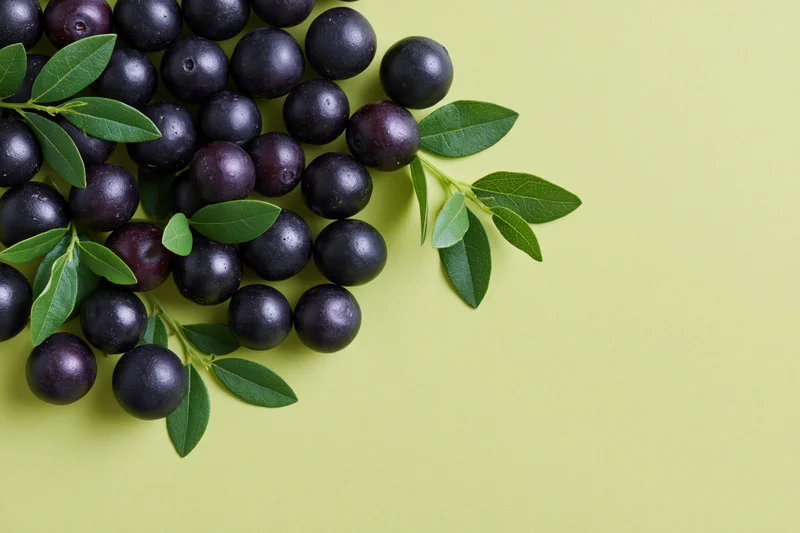 Acai berries with green leaves arranged in a cluster on a lime green surface