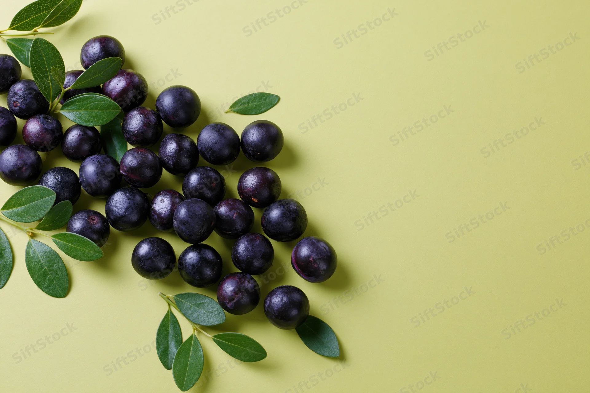 Acai berries with green leaves arranged on a pale green surface