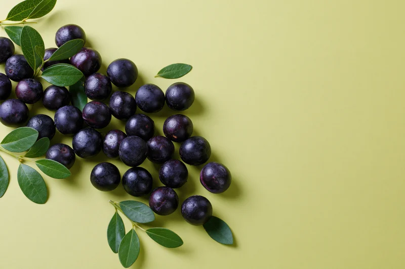 Acai berries with green leaves arranged on a pale green surface